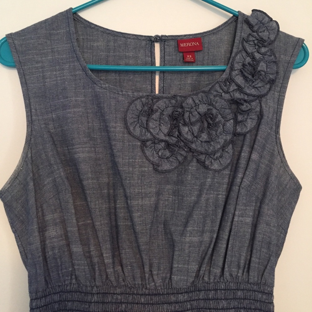 Chambray A-line dress with floral detail!